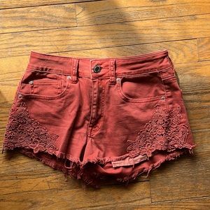 NWOT American Eagle Hi-Rise Festival Rust Lace Raw Hem Shorts